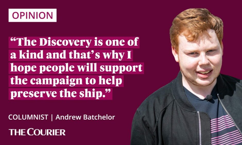 image shows the writer Andrew Batchelor next to a quote: "The Discovery is one of a kind and that's why I hope people will support the campaign to help preserve the ship."