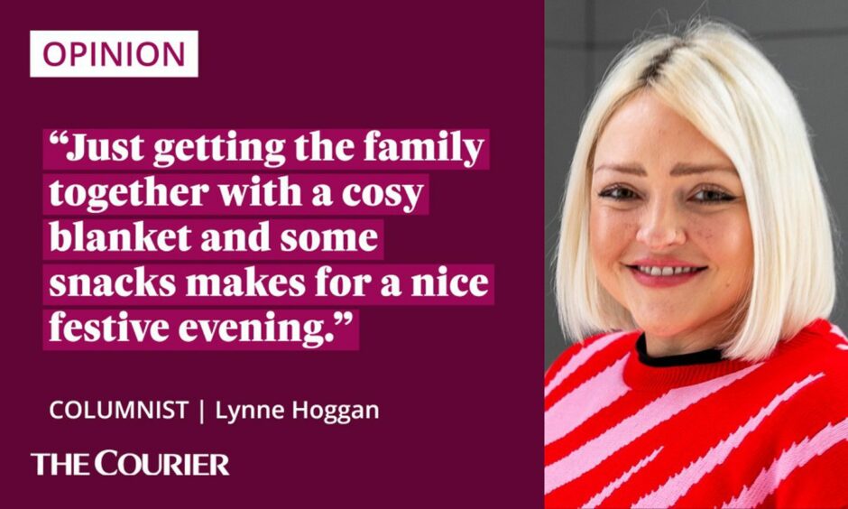 image shows the writer Lynne Hoggan next to a quote: "Just getting the family together with a cosy blanket and some snacks makes for a nice festive evening."