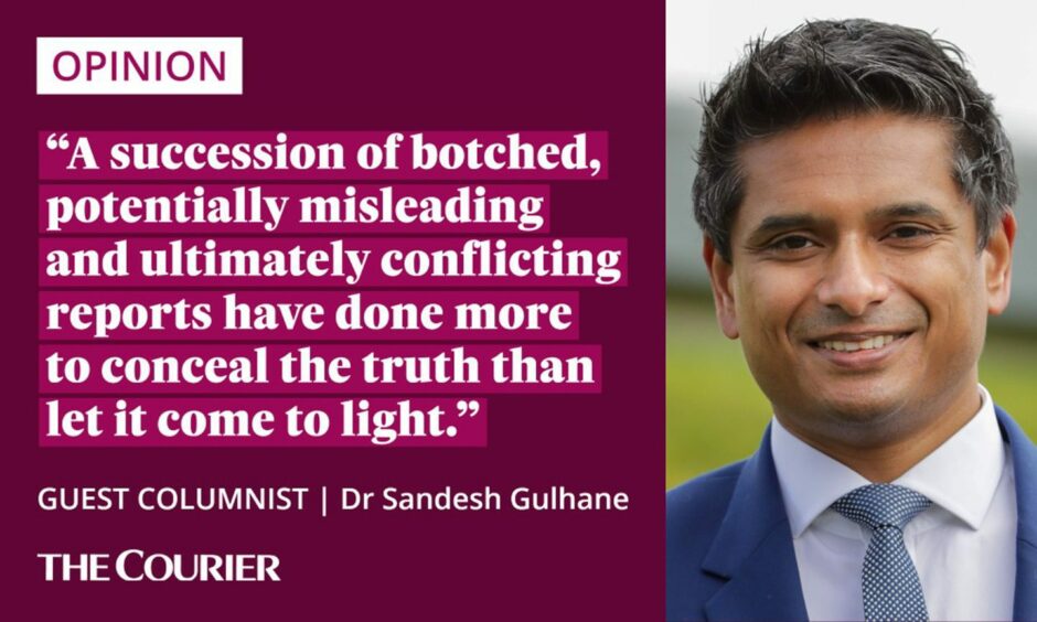 image shows the writer Dr Sandesh Gulhane next to a quote: "A succession of botched, potentially misleading and ultimately conflicting reports have done more to conceal the truth than let it come to light.."
