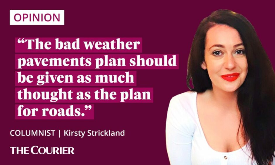 Image shows the writer Kirsty Strickland next to a quote: "The bad weather pavements plan should be given as much thought as the plan for roads."