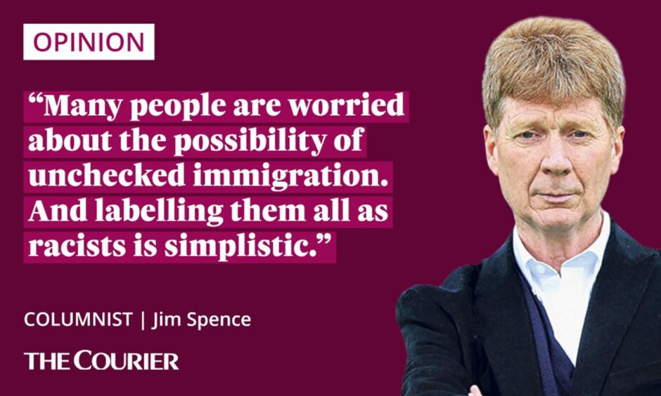 image shows the writer Jim Spence next to a quote: "But many people are worried about the possibility of unchecked immigration. And labelling them all as racists is simplistic."