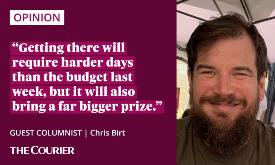 The writer Chris Birt next to a quote: "Getting there will require harder days than the budget last week, but it will also bring a far bigger prize."