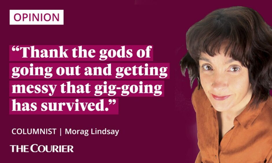 The writer Morag Lindsay next to a quote: "thank the gods of going out and getting messy that gig-going has survived."
