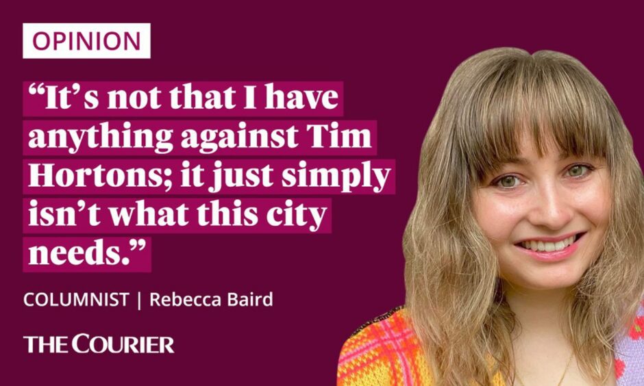 image shows the writer Rebecca Baird next to a quote: "t's not that I have anything against Tim Hortons; it just simply isn't what this city needs."