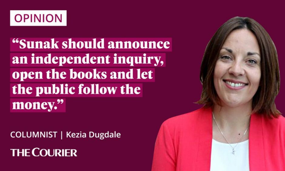 image shows the writer Kezia Dugdale next to a quote: "Sunak should announce an independent inquiry, open the books and let the public follow the money."