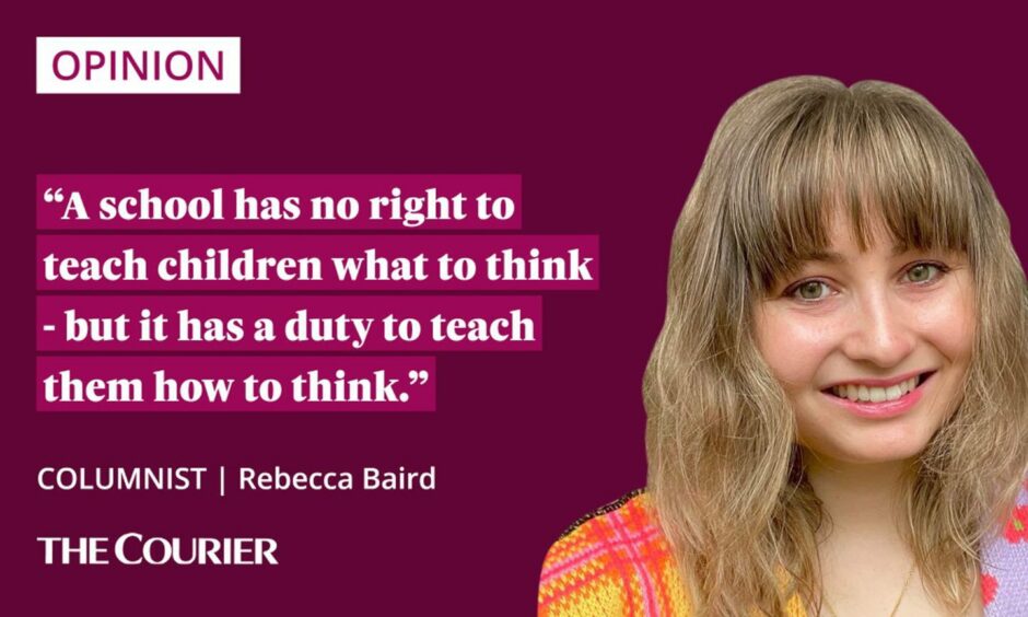 The writer Rebecca Baird next to a quote: "A school has no right to teach children what to think - but it has a duty to teach them how to think."