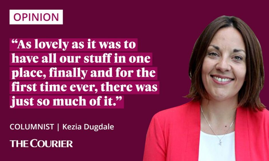 the writer Kezia Dugdale next to a quote: "As lovely as it was to have all our stuff in one place, finally and for the first time ever, there was just so much of it."