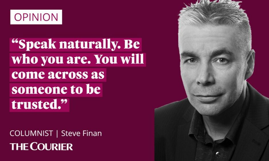 image shows the writer Steve Finan next to a quote: "Speak naturally. Be who you are. You will come across as someone to be trusted."