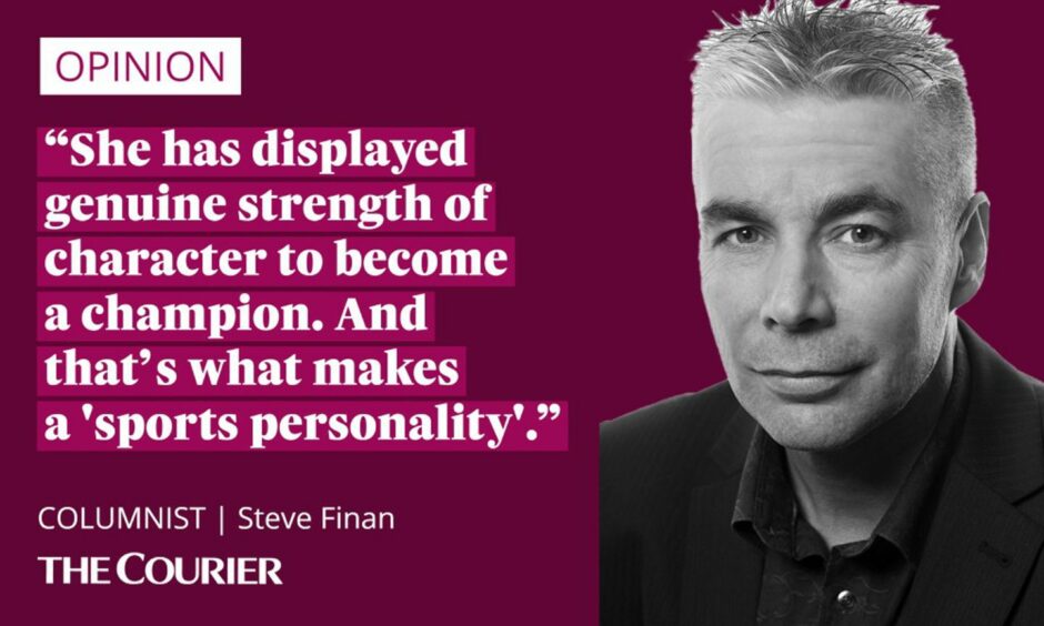 image shows the writer Steve Finan next to a quote: "She has displayed genuine strength of character to become a champion. And that’s what makes a 'sports personality'.