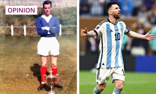 the writer's grandfather in football kit as a young man/Lionel Messi.