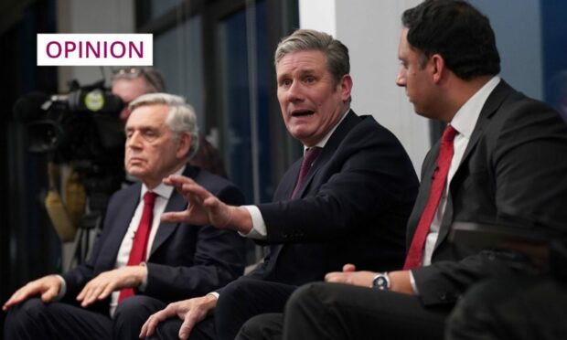 Gordon Brown joined Labour leader Keir Starmer and Scottish Labour leader Anas Sarwar. Image: Jane Barlow/PA Wire.