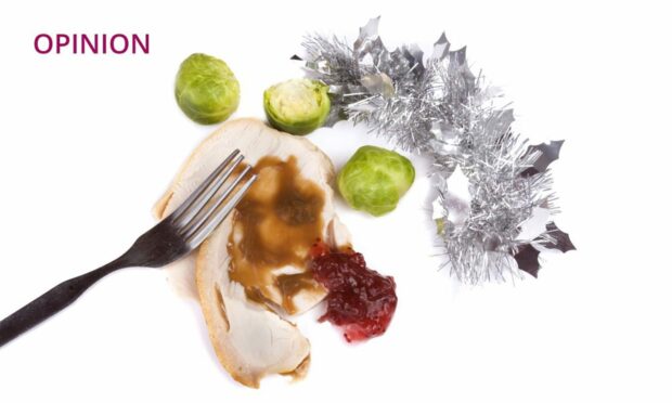 leftover turkey and sprouts and a sprig of tinsel.