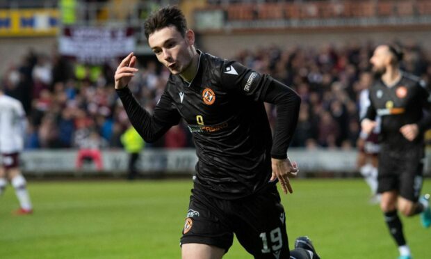 Dylan Levitt celebrates after putting the Tangerines 2-1 up against Hearts earlier this season. Image: SNS