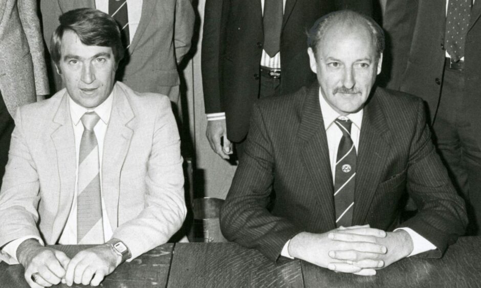 Geoff Brown (left) and Alex Lamond in the Muirton Park boardroom after he took over the club in the 1980s.