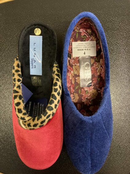 Cosy slippers with funky patterns side by side - one of several cosy winter gifts 