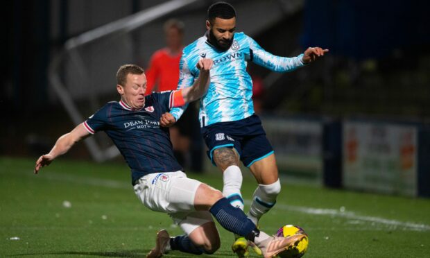 Raith's Scott Brown and Dundee's Alex Jakubiak during Championship match at Stark's Park in January.