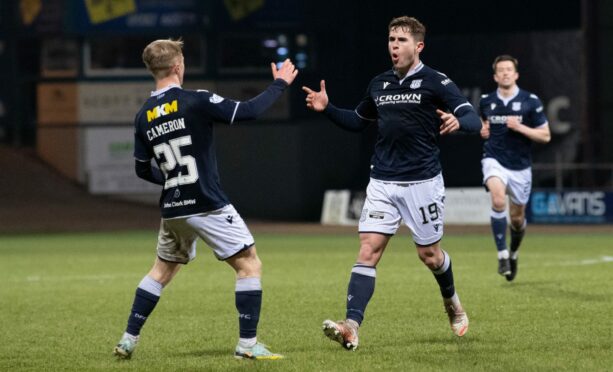 Fin Robertson scored as Dundee booked a place in the SPFL Trust Trophy semi-final. Image: SNS.