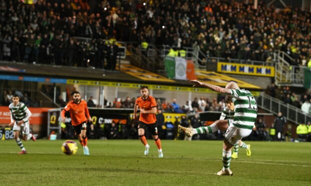 Aaron Mooy seals the points at Tannadice. Image: SNS