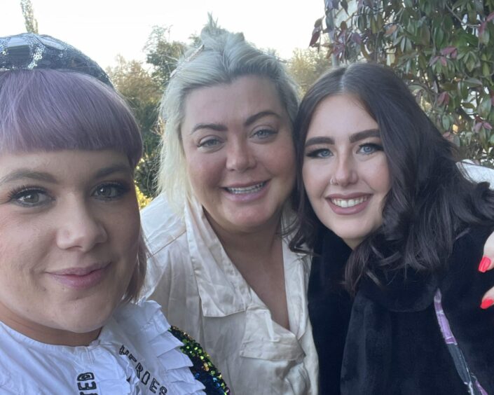 Samantha Paton, founder of Dundee fashion brand Isolated Heroes, and production manager Christie Wanless with reality TV star Gemma Collins at her Essex home. 