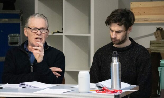 Brendan Charleson and Dyfan Dwyfor in The Man In The Submarine rehearsals.