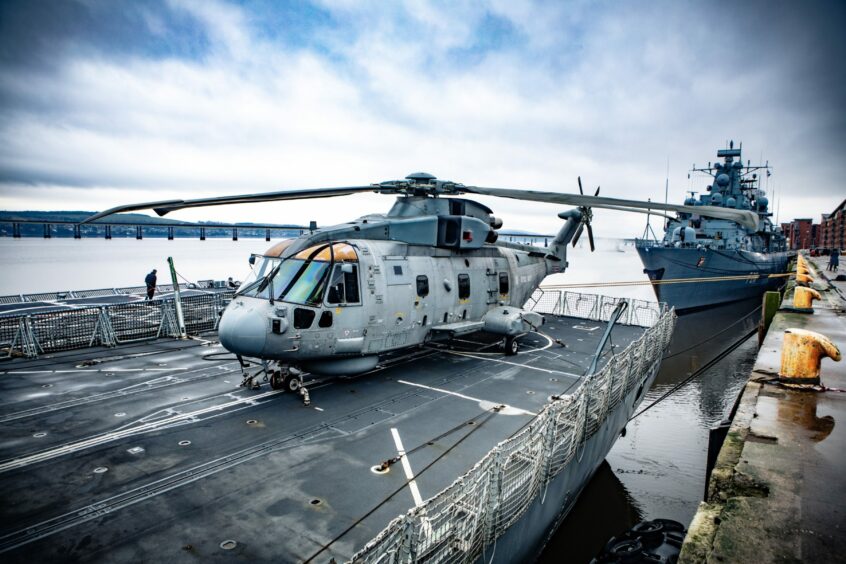 The HMS Portland helicopter.