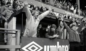 A jubilant Jim Leishman, left, at the final whistle. Some 20 years after his finest hour as Pars boss, he would have a street in Dunfermline named after him. Image: DC Thomson.