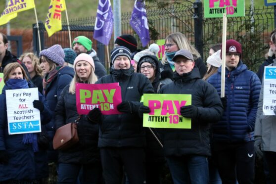 Dundee schools will be closed next Thursday due to the teachers' strike. Pictured is Grove Academy school teachers on strike outside the school earlier this month. Image: Gareth Jennings/DC Thomson.
