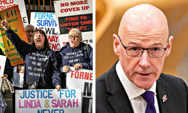 Left: Fornethy House survivors group. Right: Deputy First Minister John Swinney. Image: DC Thomson/PA Wire