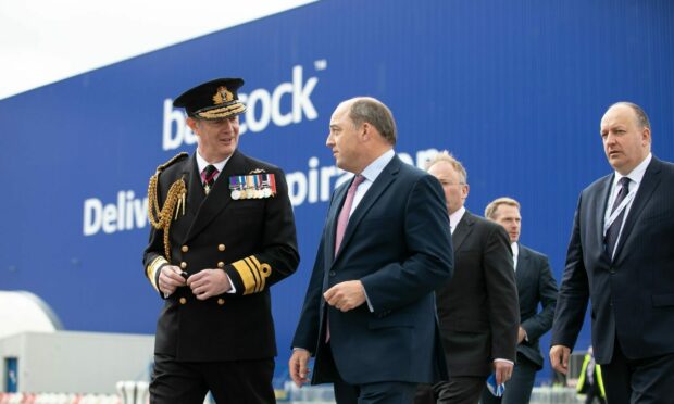Second Sea Lord Vice Admiral Nick Hine and Defence Secretary Ben Wallace at Babcock's Rosyth yard in 2021. Image: Kim Cessford / DC Thomson