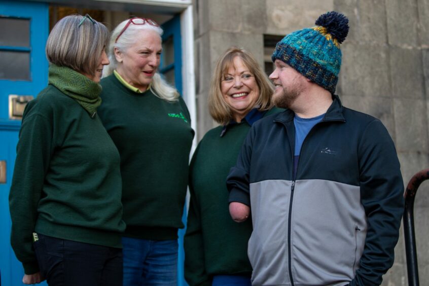 Stefan chats to Cupar Foodbank volunteers Jackie Black, Kay Speirs and Rosie Murray. 