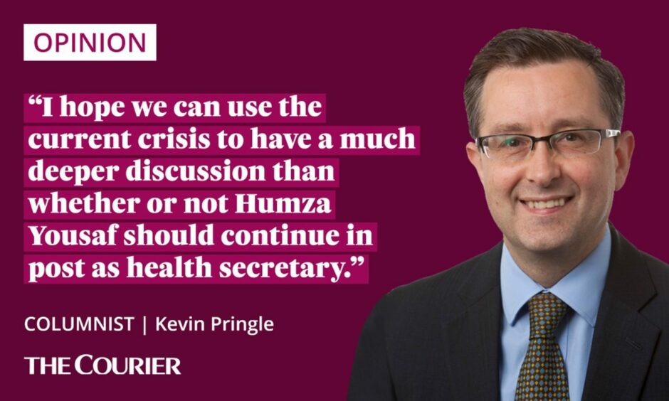 The writer Kevin Pringle next to a quote: "I hope we can use the current crisis to have a much deeper discussion than whether or not Humza Yousaf should continue in post as health secretary."