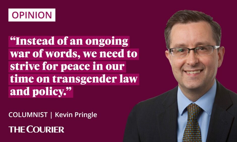 The writer Kevin Pringle next to a quote: "instead of an ongoing war of words, we need to strive for peace in our time on transgender law and policy."