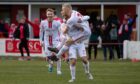 Marc Scott celebrates his 8-second strike against Lossiemouth. Image: Brechin City