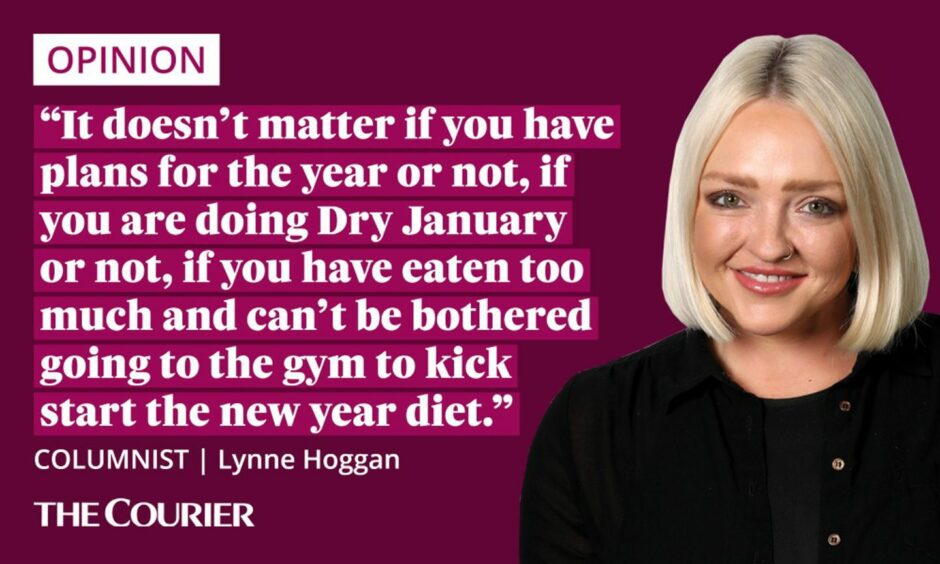 The writer Lynne Hoggan next to a quote: "It doesn’t matter if you have plans for the year or not, if you are doing Dry January or not, if you have eaten too much and can’t be bothered going to the gym to kick start the new year diet."