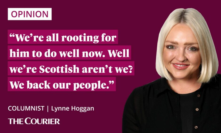 The writer Lynne Hoggan next to a quote: "We're all rooting for him to do well now. Well we're Scottish aren't we? We back our people."