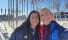 Mili Smith, right, at the Beijing Olympic village with teammate and friend Eve Muirhead. Image: Mili Smith.