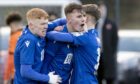 Jackson Mylchreest (centre) celebrates a goal against Dundee United. Image: PPA