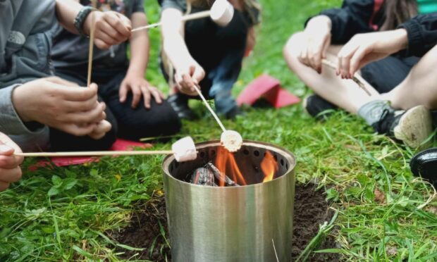 Children toasting marshmallows on a campfire.
