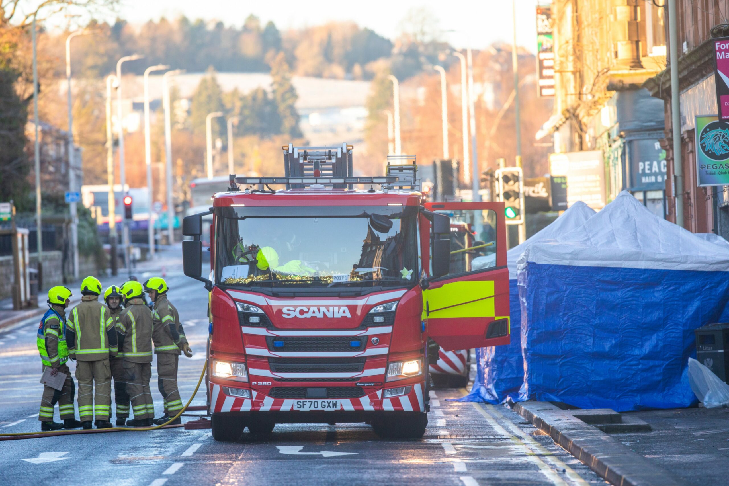 Scottish Fire and Rescue mobilised nine fire appliances and set up a command support unit within a cordon. Image: Steve MacDougall/DC Thomson.