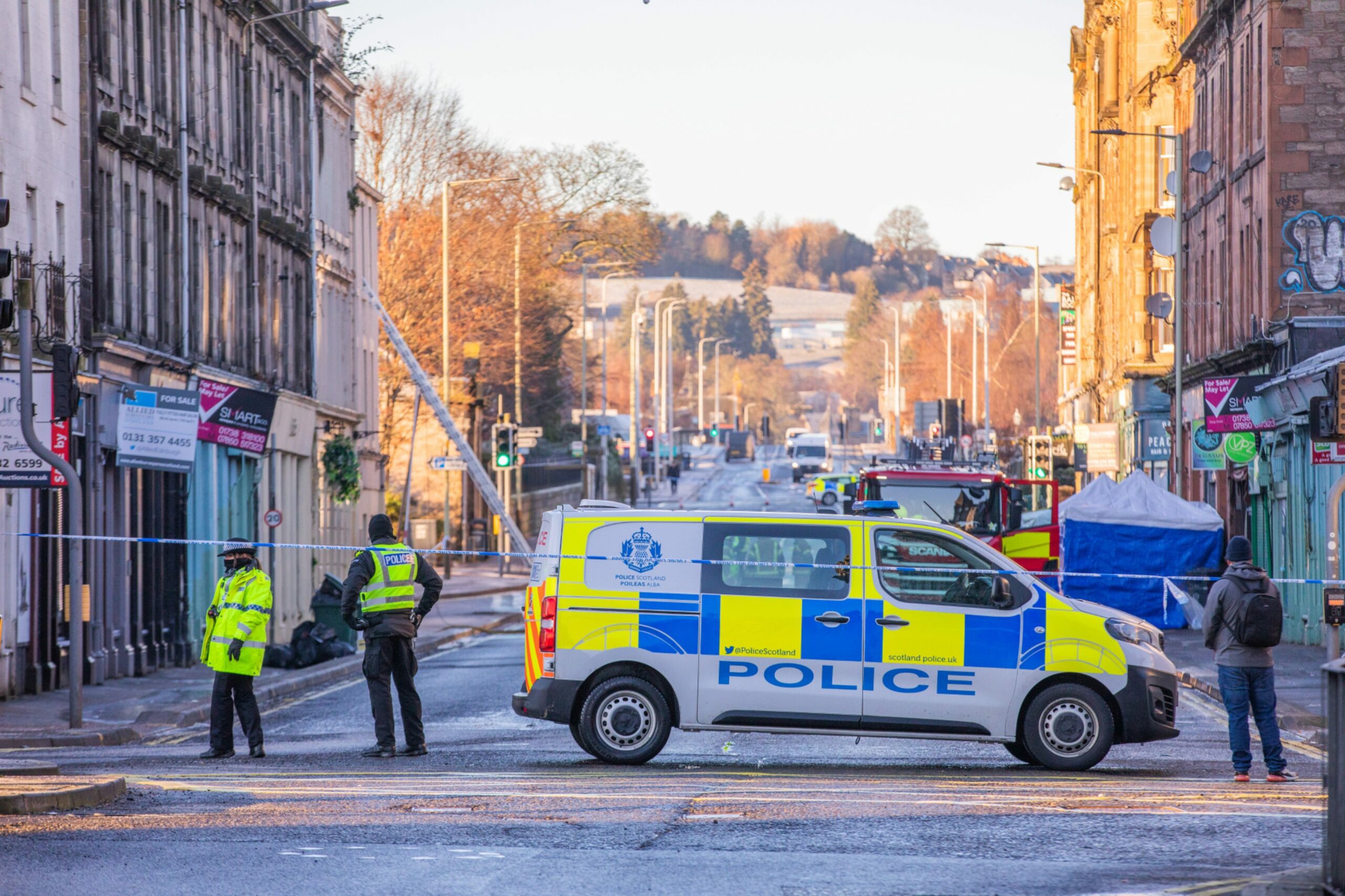 Police block County Place after the fatal fire at the New County Hotel. Image: Steve MacDougall/DC Thomson