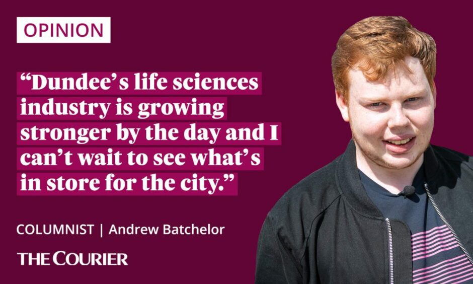 The writer Andrew Batchelor next to a quote: "Dundee's life sciences industry is growing stronger by the day and I can’t wait to see what’s in store for the city"