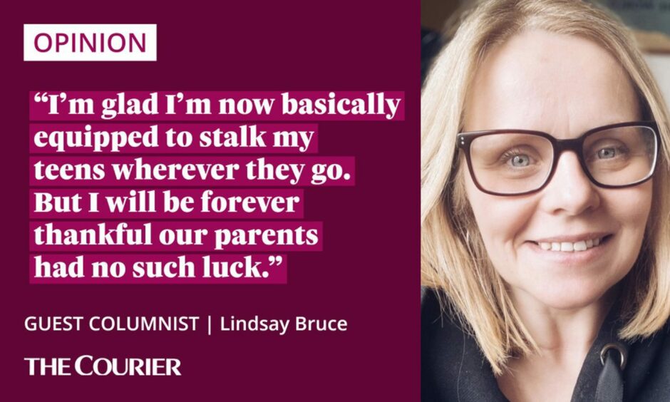the writer Lindsay Bruce next to a quote: "I'm glad I'm now basically equipped to stalk my teens wherever they go. But I will be forever thankful our parents had no such luck."