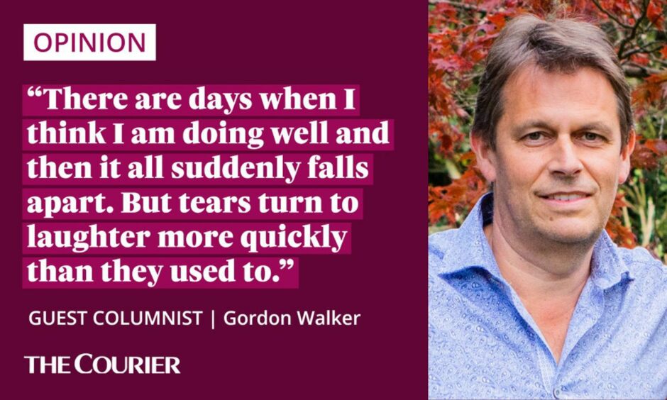 The writer Gordon Walker next to a quote: "There are days when I think I am doing well and then it all suddenly falls apart. But tears turn to laughter more quickly than they used to."