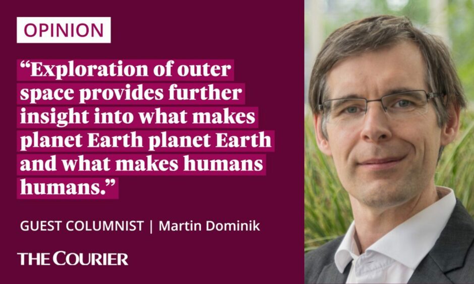 The writer Martin Dominik next to a quote: "Exploration of outer space provides further insight into what makes planet Earth planet Earth and what makes humans humans."