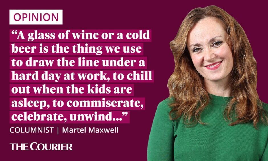 the writer Martel Maxwell next to a quote: "A glass of wine or a cold beer is the thing we use to draw the line under a hard day at work, to chill out when the kids are asleep, to commiserate, celebrate, unwind..."