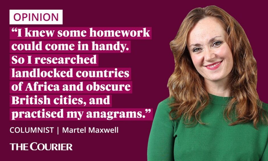 The writer Martel Maxwell next to a quote: "I knew some homework could come in handy. So I researched landlocked countries of Africa, obscure British cities and practised anagrams."