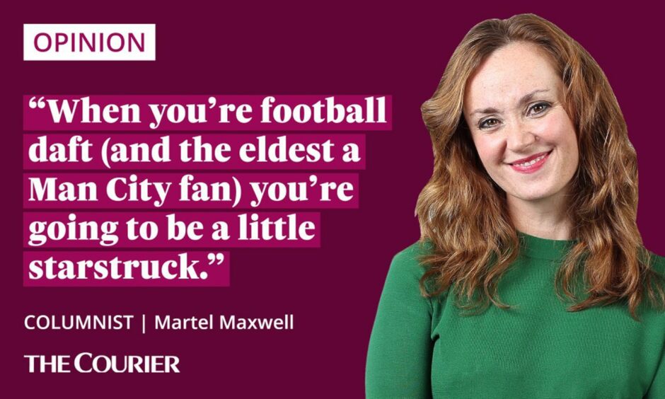 The writer Martrel Maxwell next to a quote: "When you're football daft (and the eldest a Man City fan) you're going to be a little starstruck."