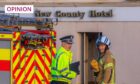 a police officer and firefighter outside the New County Hotel in Perth.