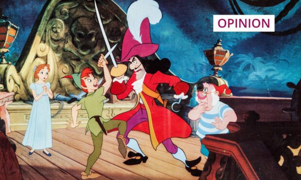 still from the Walt Disney film peter Pan, showing Peter battling Captain Hook.