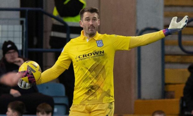 Dundee goalkeeper Adam Legzdins against Arbroath. Image: SNS.